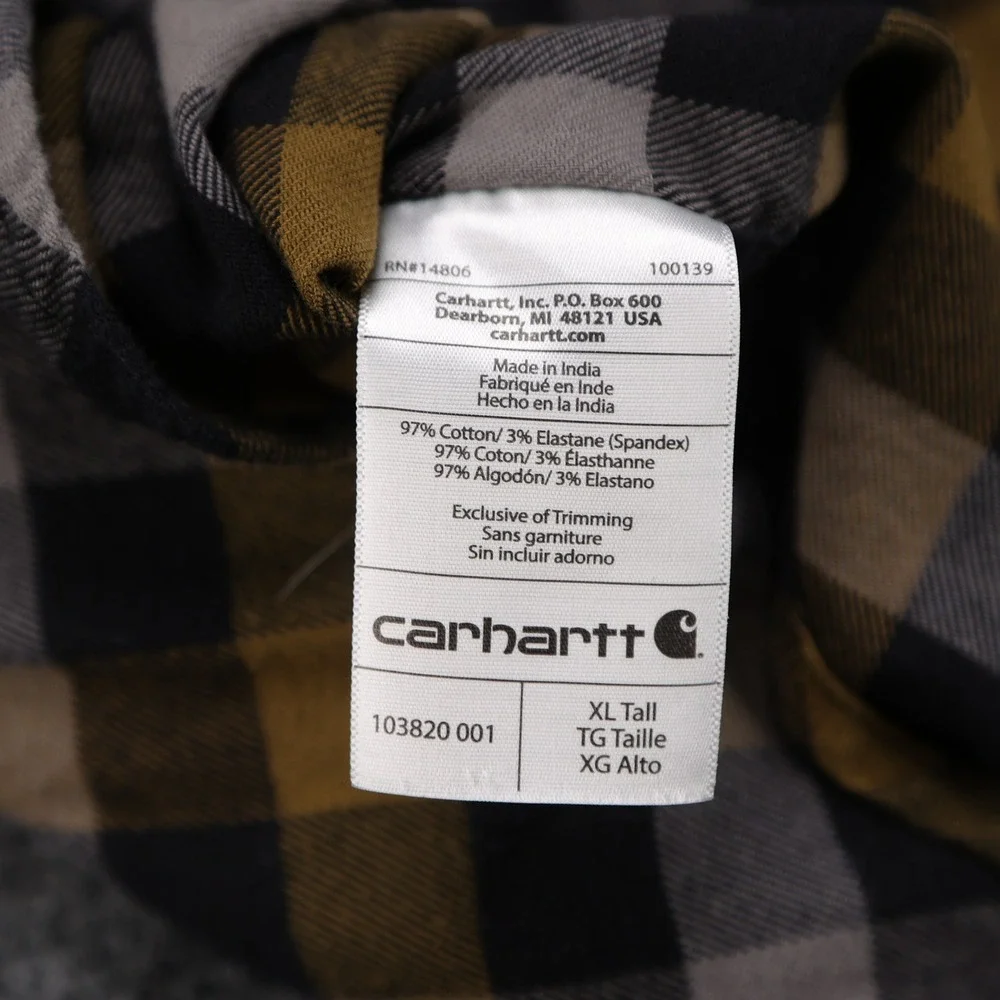 Carhartt Mens Relaxed Fit Plaid Button Down Flannel Shirt XL Tall Mustard Gray